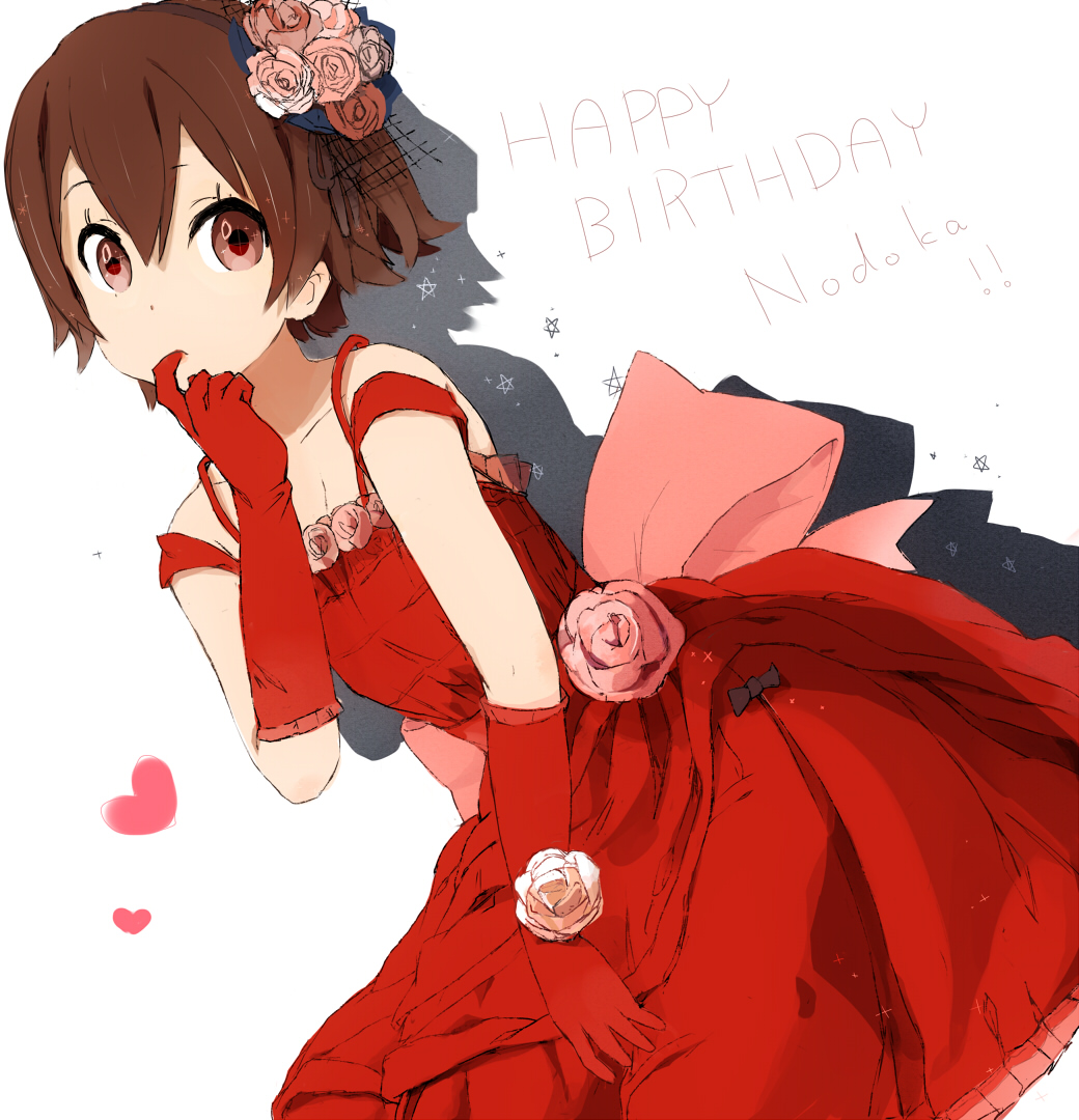 brown_hair, dress, elbow_gloves, face, flower, gloves, gown, hair_flower