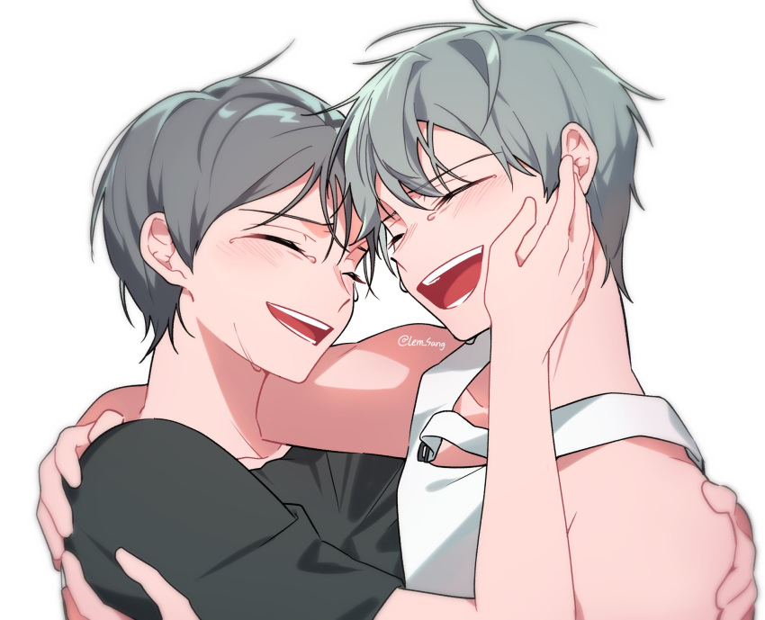 1boy, 1girl, alien_stage, artist_name, black_shirt, commentary, crying, grey_hair