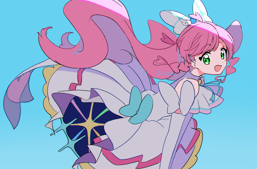 1girl, :d, absurdres, ahoge, arm_bow, ascot, blue_background, blue_bow
