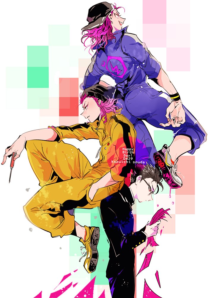 arm_on_knee, armband, backwards_hat, baseball_cap, black-framed_eyewear, black_hair, black_hat, black_jacket, black_pants, blue_jumpsuit, braid, collared_jumpsuit, commentary_request, danganronpa_(series), danganronpa_2:_goodbye_despair, danganronpa_3_(anime), dated, english_text, gakuran, glasses, hand_on_own_hip, happy_birthday, hat, holding, holding_screwdriver, jacket, joonoyuki, jumpsuit, knee_up, layered_sleeves, long_sleeves, looking_ahead, medium_hair, multiple_persona, open_mouth, pants, pink_hair, popped_collar, school_uniform, screwdriver, shoes, side_braid, single_braid, sneakers, soda_kazuichi, striped_clothes, striped_jumpsuit, teeth, upper_teeth_only, vertical-striped_clothes, vertical-striped_jumpsuit