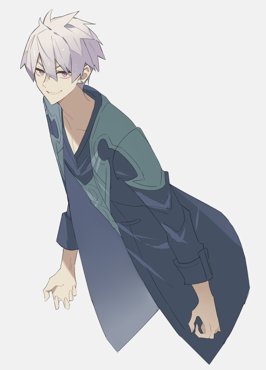 1boy, coat, collarbone, commentary_request, credo_aiblinger, ear_piercing, george_man, green_coat