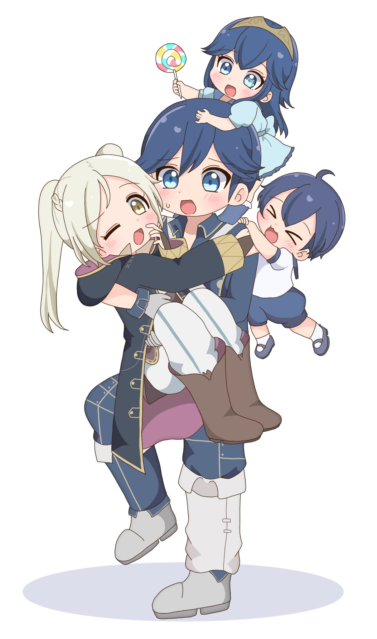 >_<, 2boys, 2girls, :o, baby, black_robe, blue_eyes, blue_hair, boots, brand_of_the_exalt, brown_footwear, candy, carrying, carrying_person, child, chrom_(fire_emblem), commentary_request, eyelashes, family, fire_emblem, fire_emblem_awakening, food, furrowed_brow, highres, holding, holding_candy, holding_food, holding_lollipop, lollipop, lucina_(fire_emblem), morgan_(fire_emblem), morgan_(male)_(fire_emblem), multiple_boys, multiple_girls, one_eye_closed, robe, robin_(female)_(fire_emblem), robin_(fire_emblem), rukinya_nya, simple_background, smile, sweat, tiara, toddler, twintails, white_background, white_hair, yellow_eyes