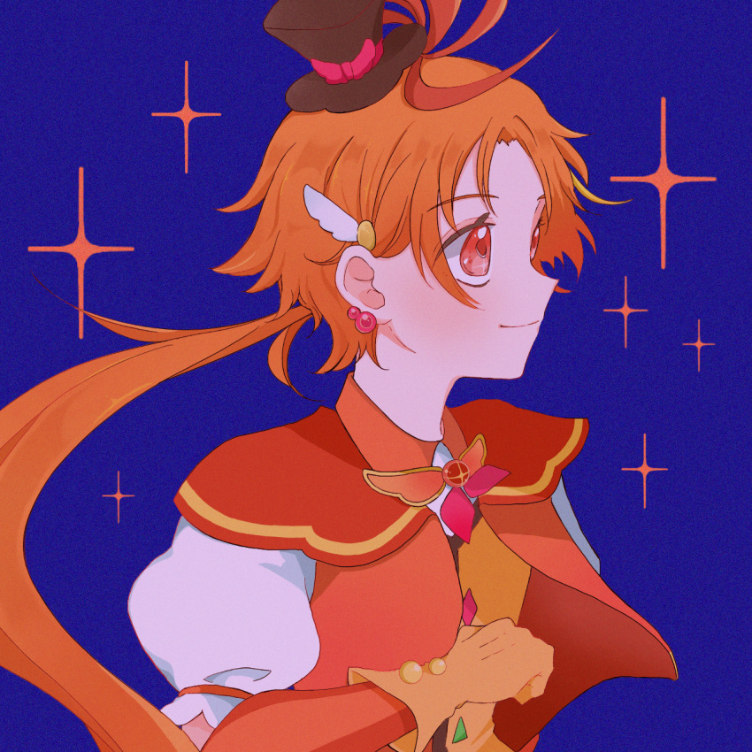 1boy, black_hat, blue_background, brooch, cure_wing, earrings, gloves, hair_ornament