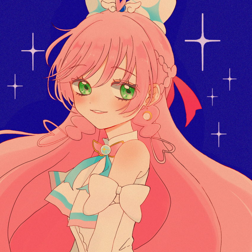 1girl, arm_bow, ascot, bare_shoulders, blue_background, blush, bow, braid