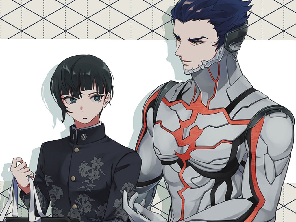 2boys, aogami_(megami_tensei), arm_up, asymmetrical_hair, bag, black_hair, black_jacket, blue_hair