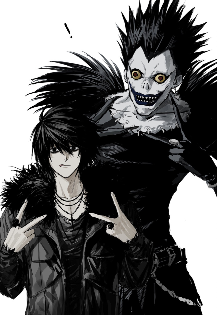 alternate_costume, black_hair, death_note, emo_fashion, goth_fashion, highres, jewelry, l_(death_note), monster, ring, ryuk, sharp_teeth, shinigami, sso_s, teeth, tongue, tongue_out