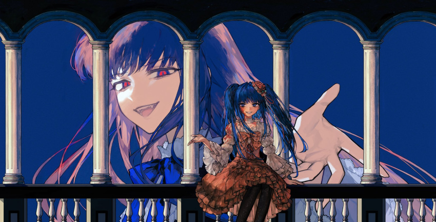 2girls, black_thighhighs, blood, blood_on_clothes, blood_on_face, blue_eyes, blue_hair, blunt_bangs