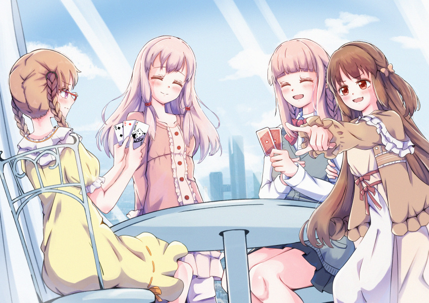 4girls, ^_^, absurdres, bare_arms, black_skirt, black_thighhighs, blue_sky, bow, bowtie, braid, brown_capelet, brown_hair, brown_jacket, building, buttons, capelet, card, center_frills, city, closed_eyes, closed_mouth, clouds, day, dot_nose, dress, dress_shirt, elbows_on_table, feet_out_of_frame, frilled_capelet, frilled_dress, frilled_sleeves, frills, frown, furrowed_brow, glasses, grey_vest, hair_bow, hair_tubes, happy, highres, hiiragi_nemu, holding, holding_card, indoors, jacket, joker_(playing_card), knees, kyubey, light_blush, long_dress, long_hair, long_sleeves, magia_record:_mahou_shoujo_madoka_magica_gaiden, mahou_shoujo_madoka_magica, miles0088, miniskirt, multiple_girls, nervous, on_chair, one_side_up, open_clothes, open_jacket, open_mouth, orange_bow, orange_eyes, orange_shirt, pink_hair, pink_skirt, playing_card, playing_games, pleated_skirt, pocket, pointing, pointing_at_another, puffy_short_sleeves, puffy_sleeves, red-framed_eyewear, red_bow, red_bowtie, robe, satomi_touka, school_uniform, shirt, short_sleeves, siblings, side_braids, sisters, sitting, skirt, sky, skyscraper, smile, sweater_vest, table, takarazaki_school_uniform, tamaki_iroha, tamaki_ui, thigh-highs, tsurime, twin_braids, very_long_hair, vest, waist_bow, white_dress, white_shirt, yellow_dress, yellow_robe