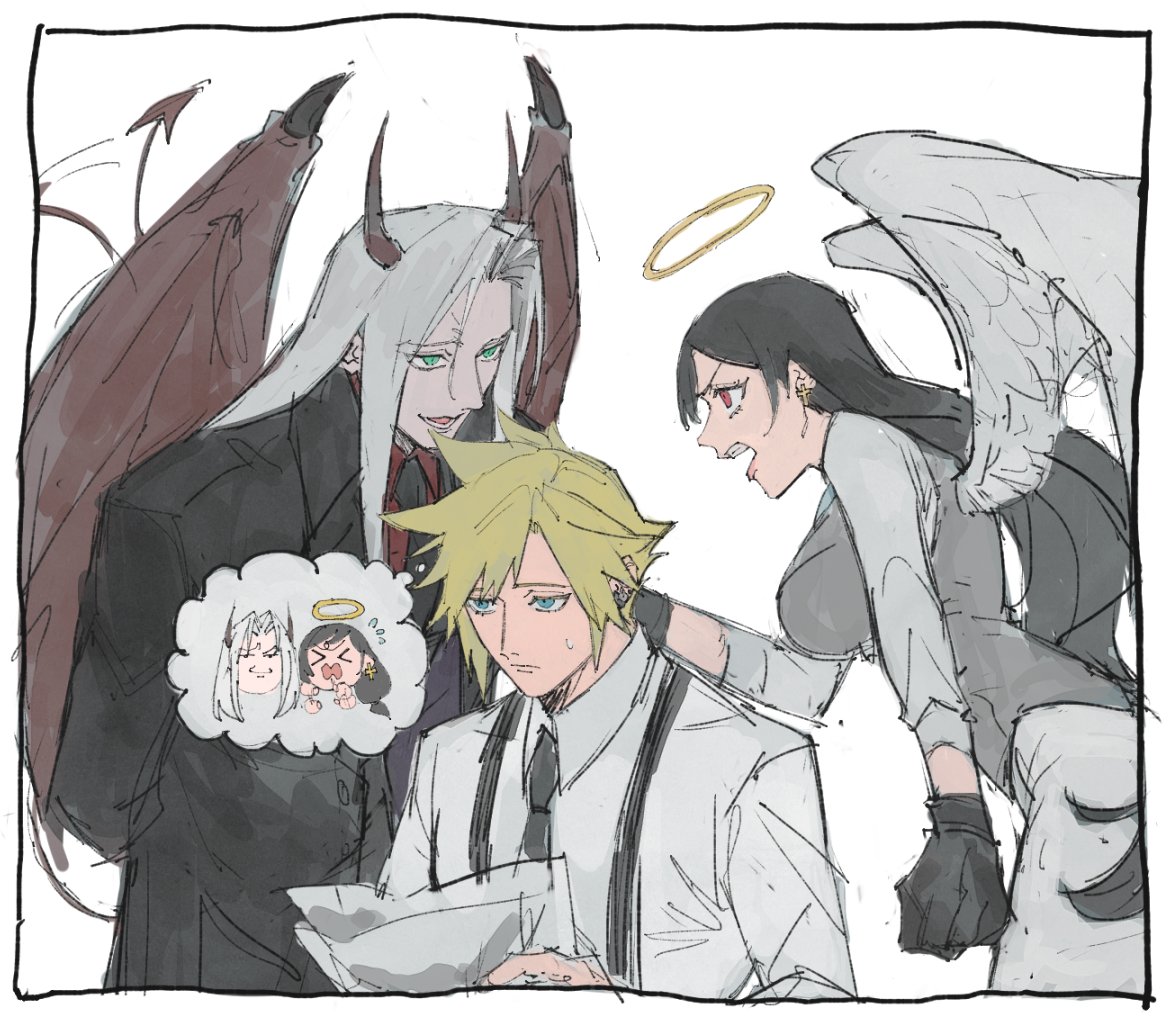 >_<, 1girl, 2boys, angel, angel_and_devil, angel_wings, arms_behind_back, black_coat