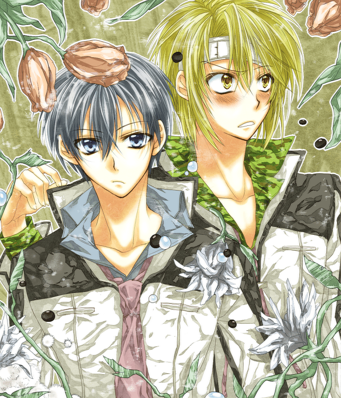 blonde_hair, blue_hair, blush, male, multiple_boys, nervous, official_style, school_uniform