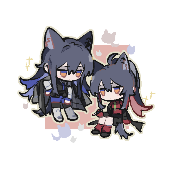 2girls, animal_ears, arknights, black_cape, black_hair, black_shirt, brown_eyes, cape