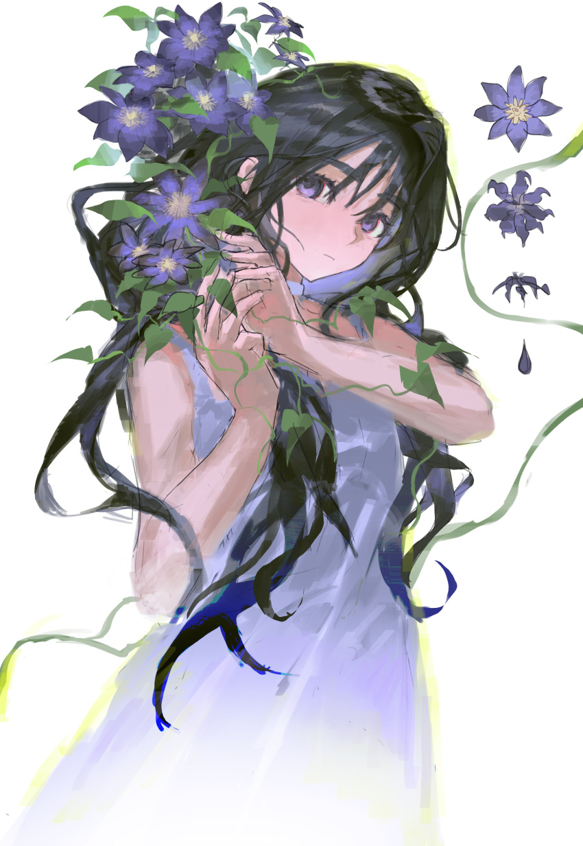 1girl, absurdres, alien_stage, bare_shoulders, black_hair, chinese_commentary, choker, clematis_(flower)