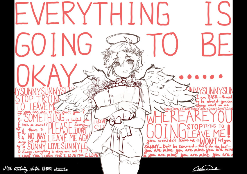 1boy, alternate_costume, angel_wings, basil_(faraway)_(omori), basil_(omori), bouquet, english_text, fake_halo
