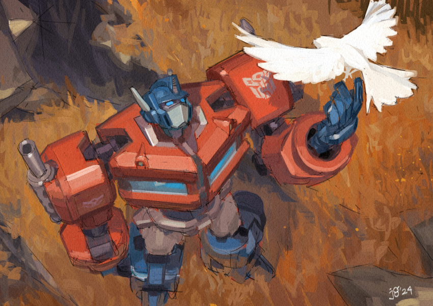 1boy, absurdres, autobot, bird, blue_eyes, english_commentary, forest, glowing