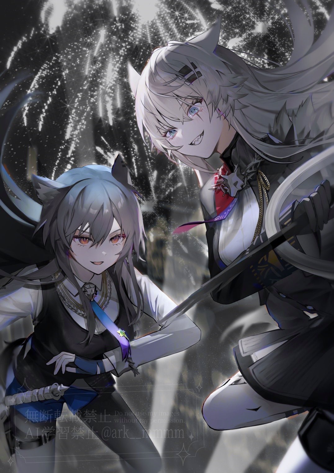 2girls, aiguillette, ark_mmmm, arknights, black_hair, black_jacket, black_vest, commentary_request