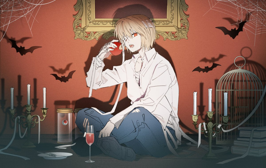 1boy, androgynous, apple, bandages, birdcage, black_footwear, blonde_hair, book
