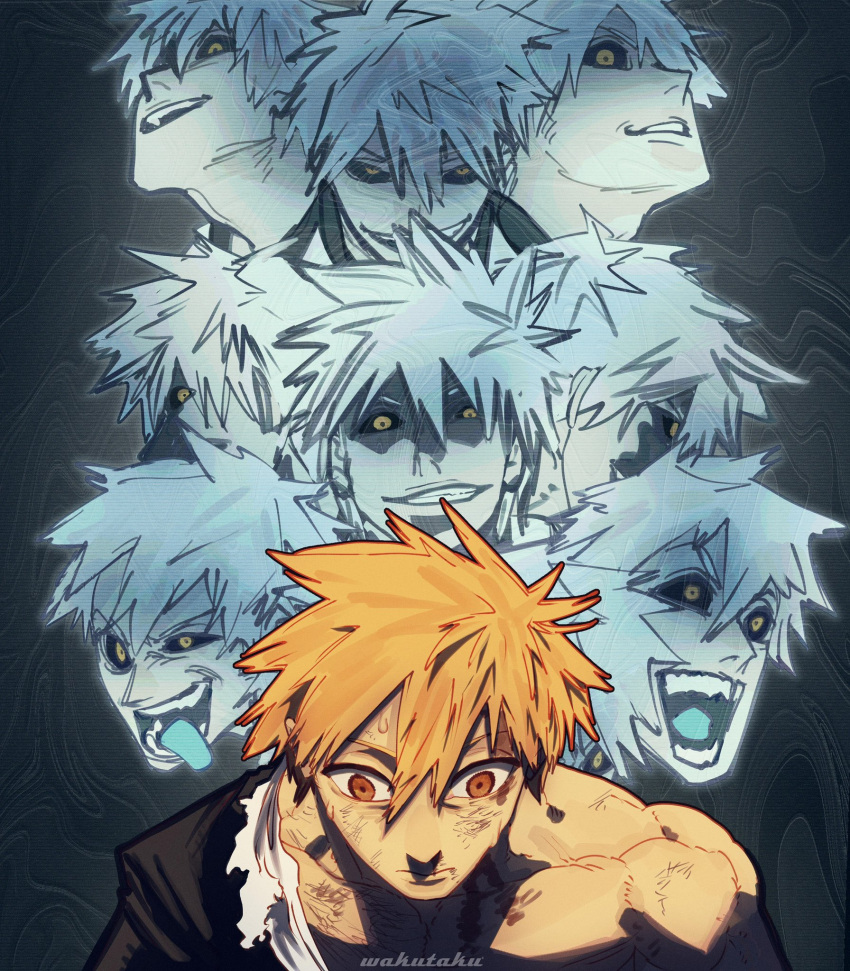 2boys, artist_name, black_sclera, bleach, blue_tongue, brown_eyes, collarbone, colored_sclera, colored_skin, colored_tongue, crazy_eyes, crazy_smile, hair_between_eyes, highres, hollow_ichigo, kurosaki_ichigo, looking_at_viewer, male_focus, multiple_boys, multiple_views, nervous_sweating, open_mouth, orange_hair, scratches, shaded_face, shirt, smile, sweat, taku_(aywakutakuay), tongue, tongue_out, torn_clothes, torn_shirt, white_hair, white_skin