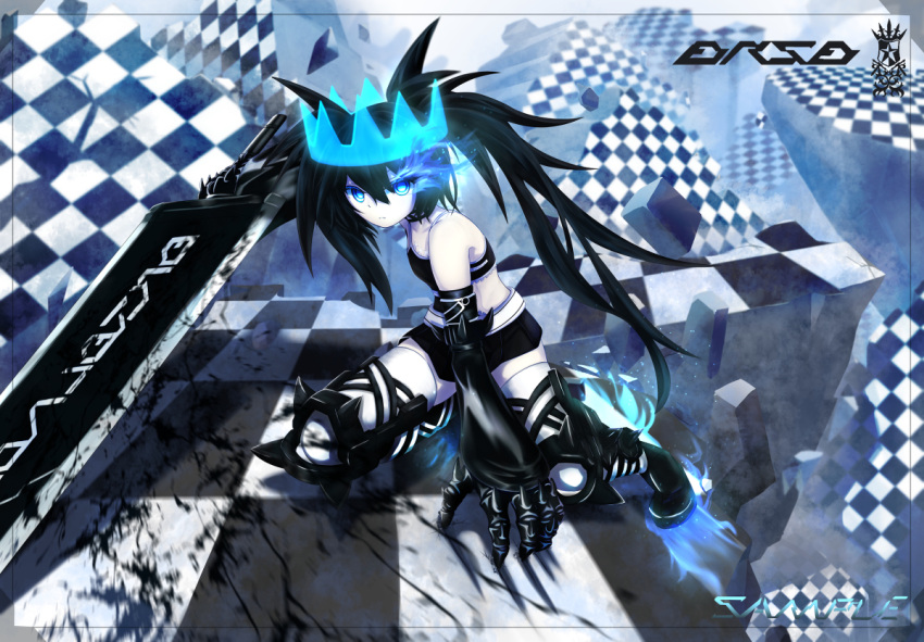 1girl, armored_boots, armored_gloves, black_hair, black_rock_shooter, black_rock_shooter_(character), black_rock_shooter_beast, blue_crown