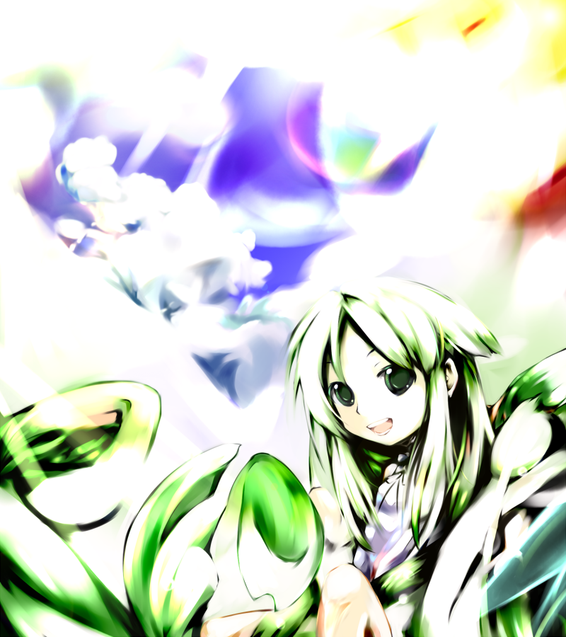green_eyes, green_hair, kurokoge013, long_hair, ribbon, saya, saya_no_uta, sky