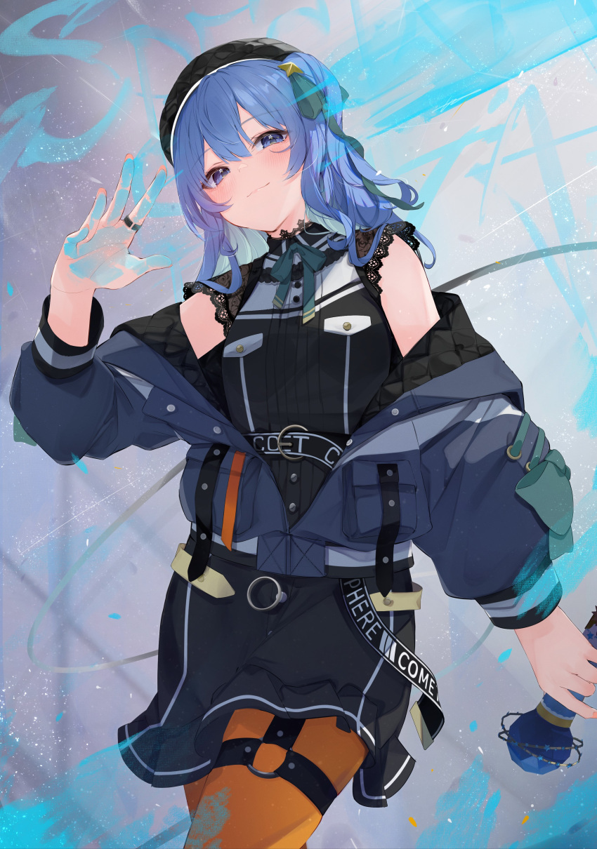 1girl, absurdres, belt, beret, blue_eyes, blue_hair, bow, bowtie