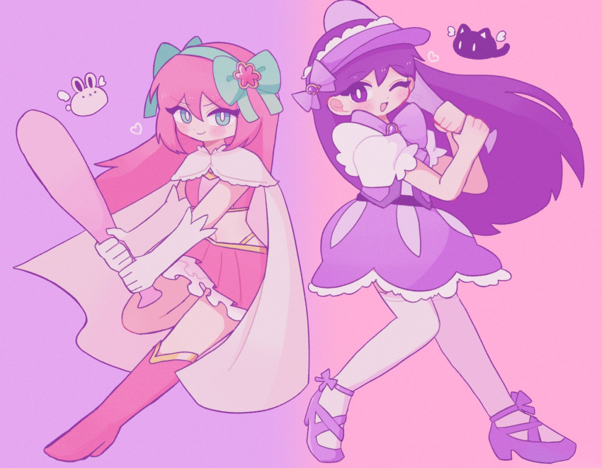 2girls, alternate_costume, aubrey_(faraway)_(omori), aubrey_(omori), baseball_bat, blue_bow, blue_eyes, blush