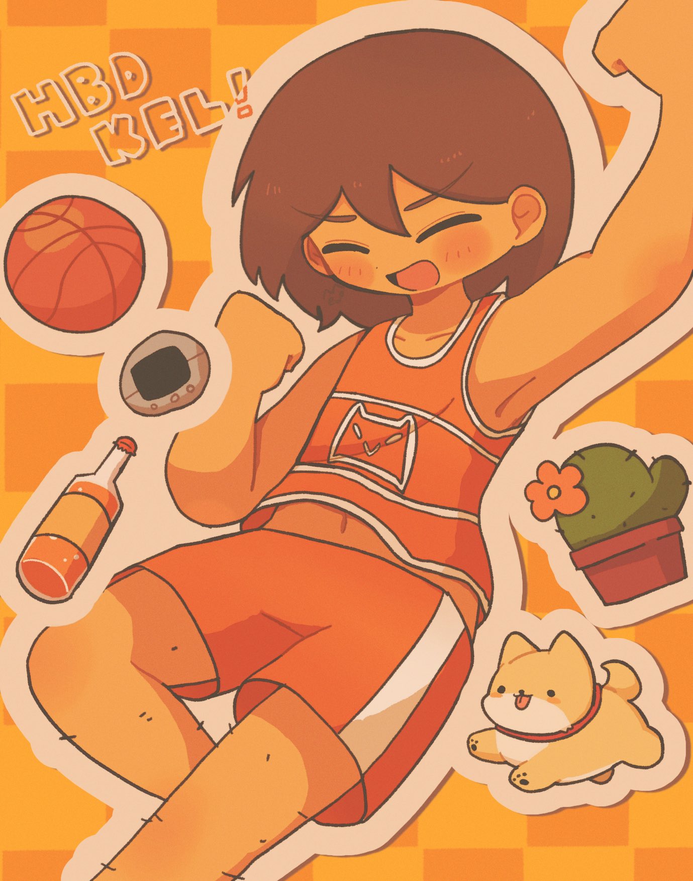 1boy, arm_up, ball, basketball_(object), blush, bottle, brown_hair, cactus