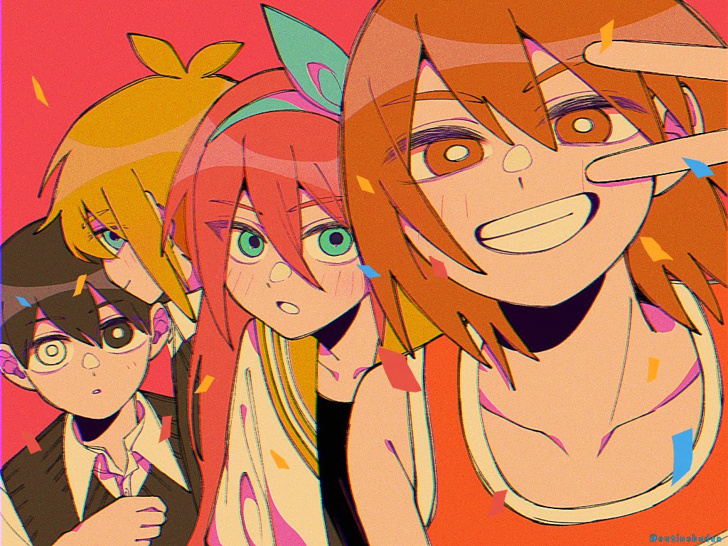 1girl, 3boys, aubrey_(faraway)_(omori), aubrey_(omori), basil_(faraway)_(omori), basil_(omori), black_eyes, black_hair