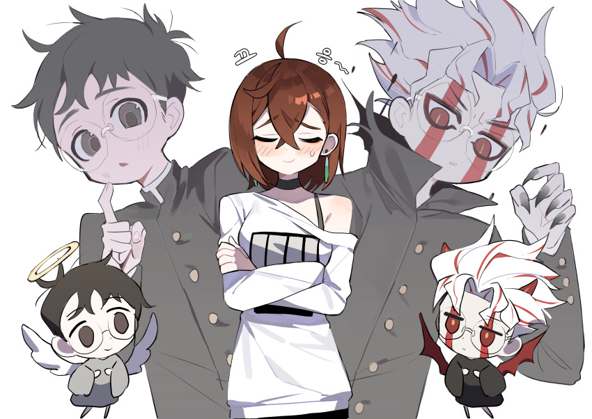 1boy, 1girl, alternate_form, angel, angel_and_devil, angel_wings, ayase_momo, black_choker, black_hair, black_jacket, black_nails, blush, bra_strap, brown_hair, chibi, chibi_inset, choker, closed_eyes, closed_mouth, crossed_arms, dandadan, demon, demon_horns, demon_wings, dual_persona, earrings, facial_mark, facing_viewer, full_body, gakuran, glasses, hair_behind_ear, hair_between_eyes, halo, highres, horns, jacket, jewelry, long_sleeves, looking_at_another, off-shoulder_shirt, off_shoulder, official_alternate_costume, red_eyes, round_eyewear, school_uniform, seizou_hidzuke, shirt, short_hair, single_bare_shoulder, smile, sweatdrop, takakura_ken_(dandadan), transformation, upper_body, white_background, white_hair, white_shirt, wings