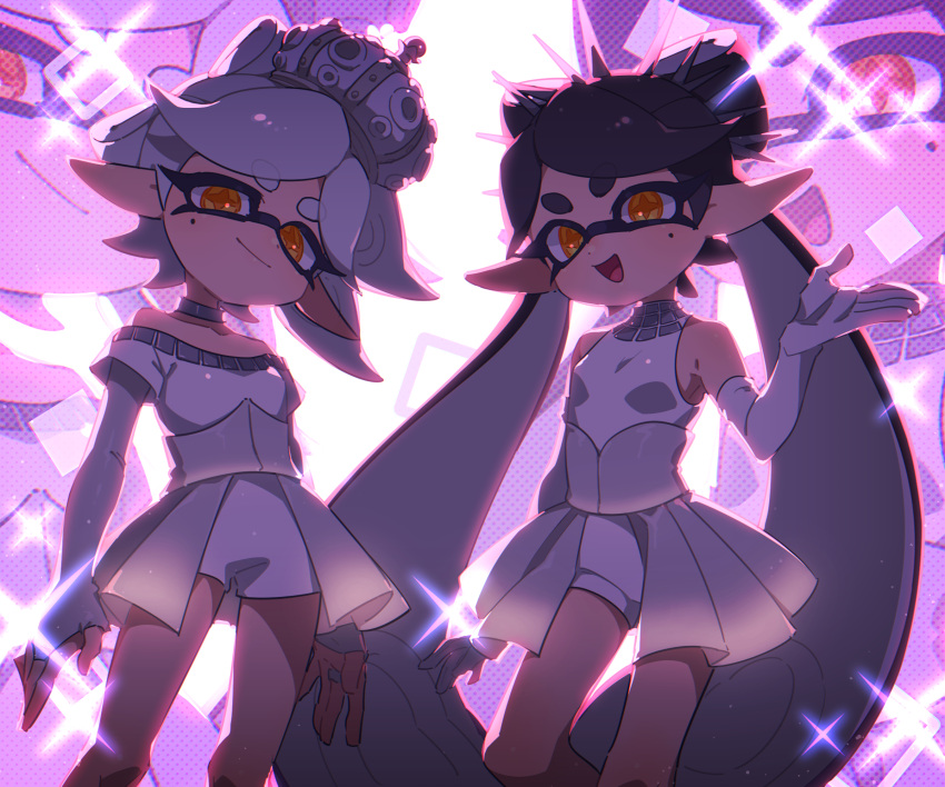 2girls, bare_shoulders, beret, black_hair, bow-shaped_hair, breasts, bridal_gauntlets, callie_(splatoon), choker, closed_mouth, collarbone, commentary_request, elbow_gloves, gloves, grey_bridal_gauntlets, grey_choker, grey_hair, hairband, hand_up, hat, head_tilt, highres, inkling, long_hair, long_pointy_ears, looking_at_viewer, marie_(splatoon), mole, mole_under_eye, multiple_girls, off-shoulder_shirt, off_shoulder, official_alternate_costume, open_mouth, orange_pupils, overskirt, pink_background, pointy_ears, shirt, short_eyebrows, short_hair, short_sleeves, shorts, sleeveless, sleeveless_shirt, small_breasts, smile, spiked_hairband, spikes, splatoon_(series), splatoon_3, star-shaped_pupils, star_(symbol), suction_cups, surume01417, swept_bangs, symbol-shaped_pupils, tentacle_hair, thick_eyebrows, twintails, very_long_hair, white_gloves, white_hat, white_shirt, white_shorts, yellow_eyes, zoom_layer