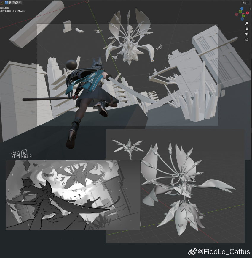 1girl, 1other, 3d, animal_ears, artist_name, black_gloves, black_hair, black_pantyhose, black_skirt, blender_(software), blue_jacket, building, chinese_commentary, commentary_request, ethereal_(zenless_zone_zero), fiddle_cattus, fighting, flaming_sword, flaming_weapon, fox_ears, fox_girl, from_behind, full_body, gloves, half_up_braid, high-waist_skirt, high_heels, highres, holding, holding_sheath, holding_sword, holding_weapon, hoshimi_miyabi, jacket, katana, long_hair, long_skirt, making-of, monochrome, nineveh_(zenless_zone_zero), pantyhose, running, sheath, single_glove, single_wide_sleeve, skirt, sword, weapon, weibo_logo, weibo_watermark, zenless_zone_zero