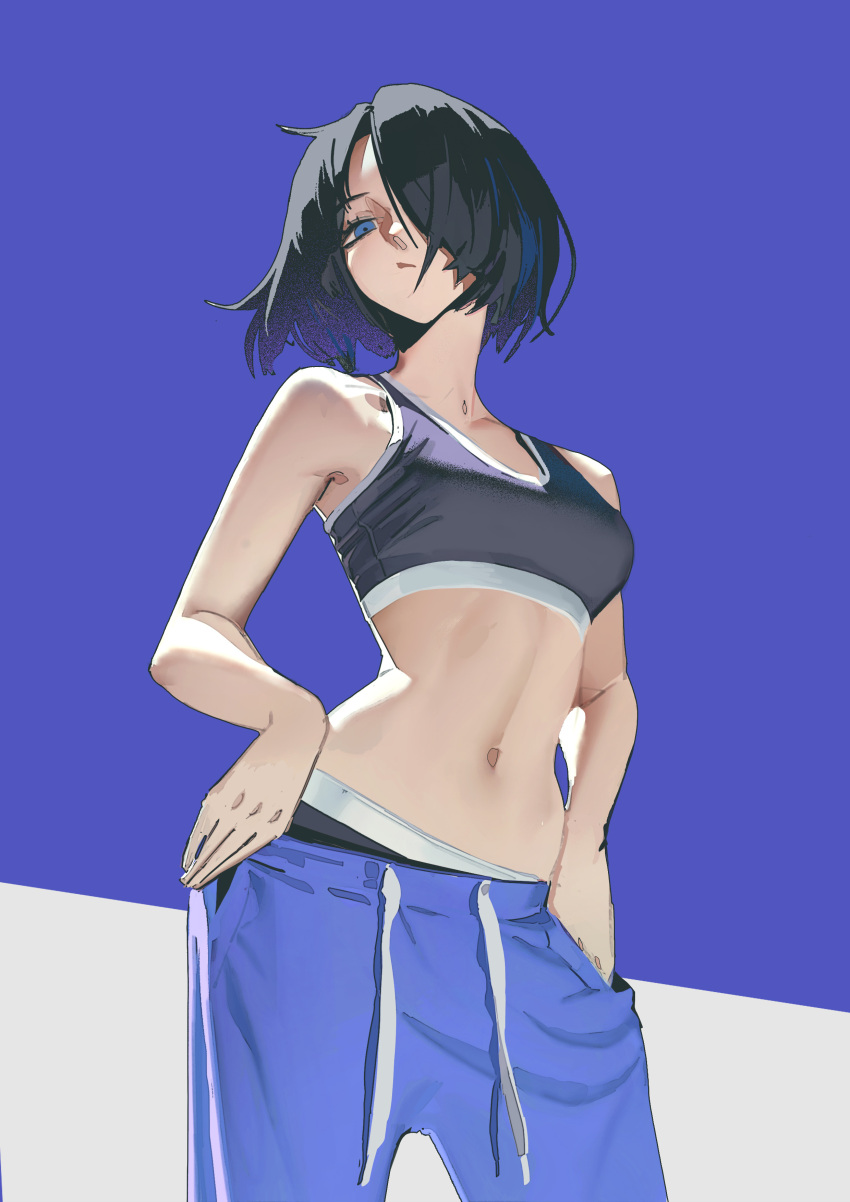 absurdres, bare_arms, bare_shoulders, black_hair, black_sports_bra, blue_background, blue_eyes, blue_pants, breasts, chinese_commentary, collarbone, commentary_request, cowboy_shot, eyelashes, ga_is, hair_over_one_eye, hand_in_pocket, highres, looking_at_viewer, looking_down, medium_breasts, navel, original, panties, pants, short_hair, sports_bra, sports_panties, sweatpants, two-tone_background, underwear, white_background, white_panties, white_trim