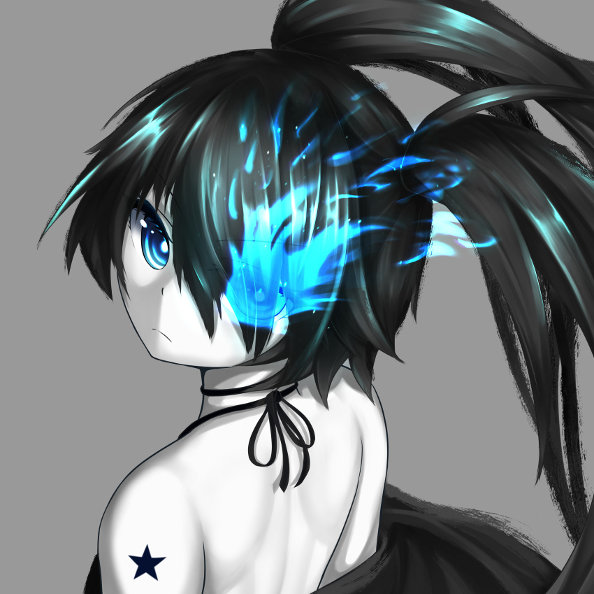 1girl, absurdres, black_hair, black_rock_shooter, black_rock_shooter_(character), blue_eyes, blue_fire, fire
