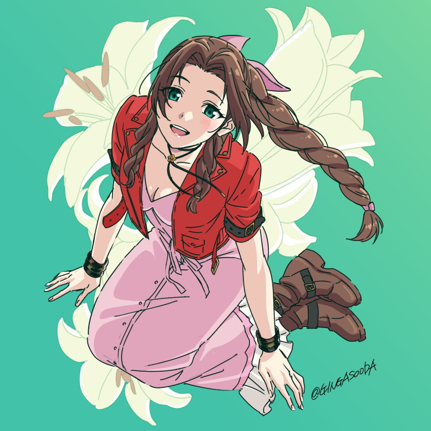 1girl, aerith_gainsborough, aqua_background, blush, boots, braid, brown_footwear, brown_hair