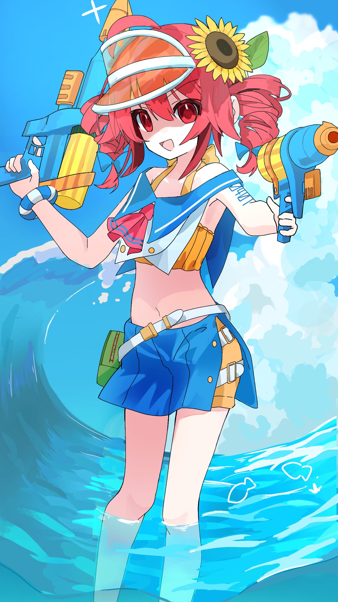 1girl, ahoge, alternate_costume, blue_sky, camisole, clouds, crop_top, day