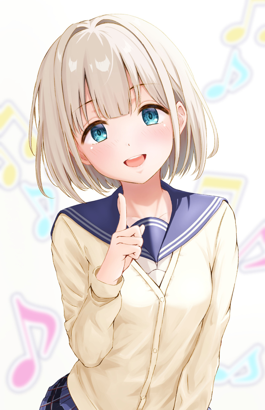 1girl, absurdres, beamed_eighth_notes, blonde_hair, blue_eyes, blue_sailor_collar, blue_skirt, blush