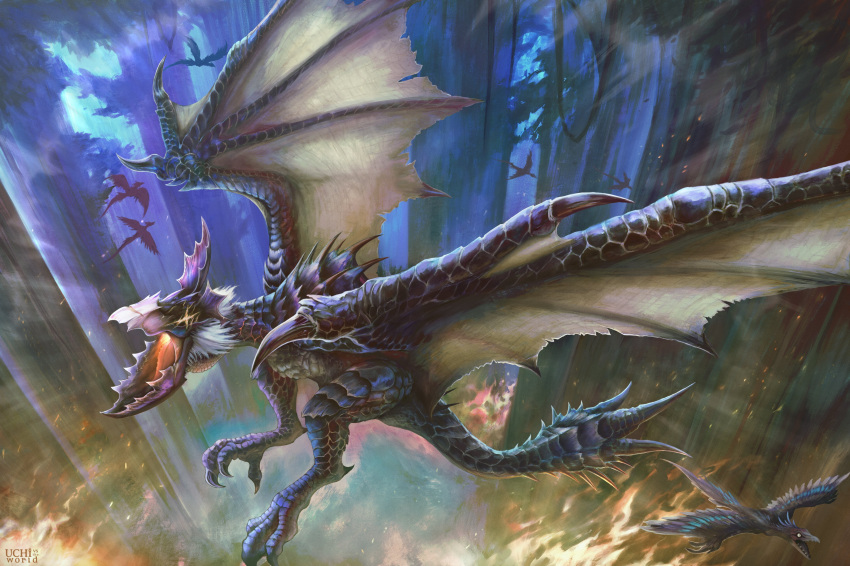 absurdres, archaeopteryx, artist_name, breath_weapon, breathing_fire, claws, cross_scar, dragon