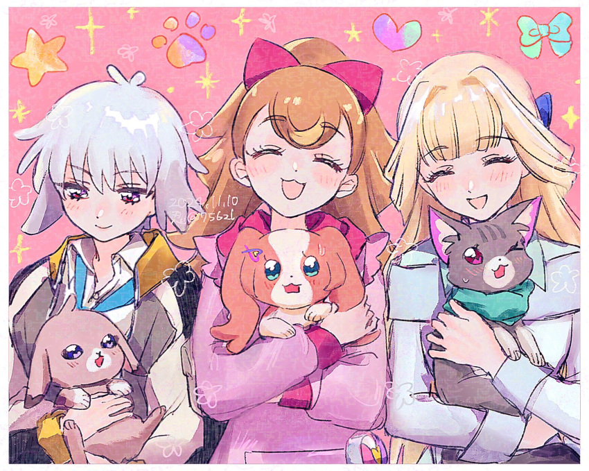 2boys, 4girls, 756zl, aqua_scrunchie, blonde_hair, bow, brown_fur, brown_hair