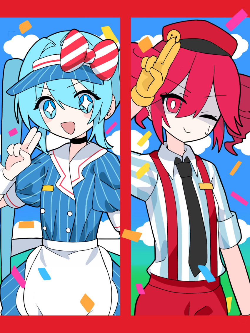 +_+, 2girls, apron, arm_at_side, black_choker, black_necktie, blue_hair, blue_hat
