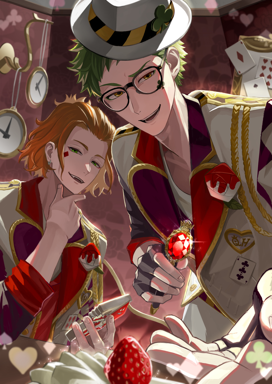 2boys, black_gloves, cake, cake_slice, card, cater_diamond, chikuwa_glasses, commentary_request