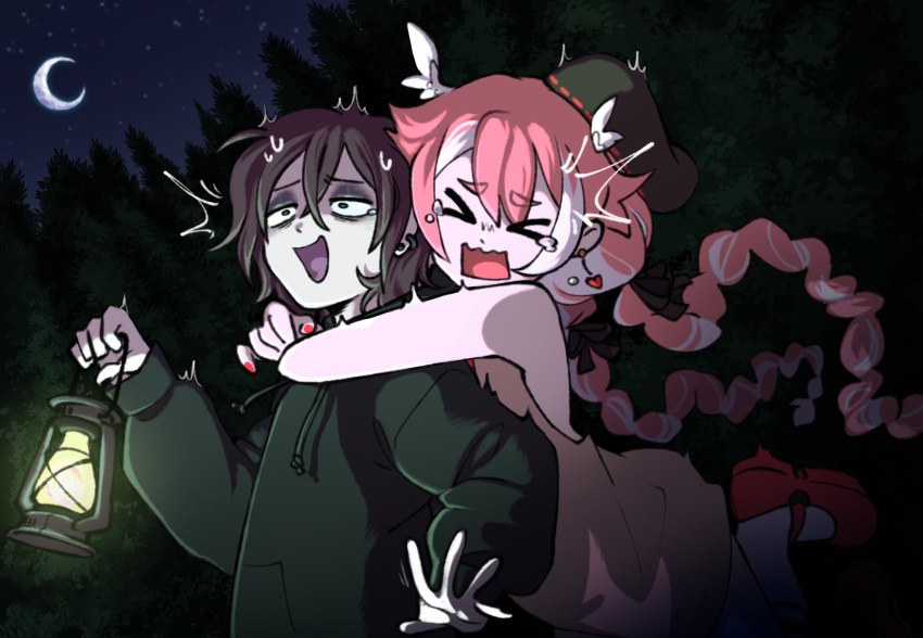 2girls, bare_arms, bare_shoulders, beret, black_hair, black_hoodie, braid, closed_eyes