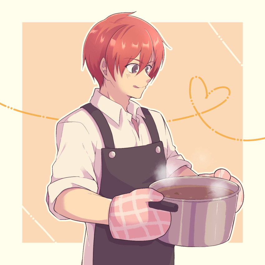 1boy, :q, adol_christin, alternate_costume, apron, black_apron, border, collared_shirt, commentary_request, cooking_pot, grey_eyes, highres, holding_cooking_pot, male_focus, mittens, outside_border, redhead, shirt, short_hair, solo, standing, tongue, tongue_out, white_border, white_shirt, yamasaga_e, ys