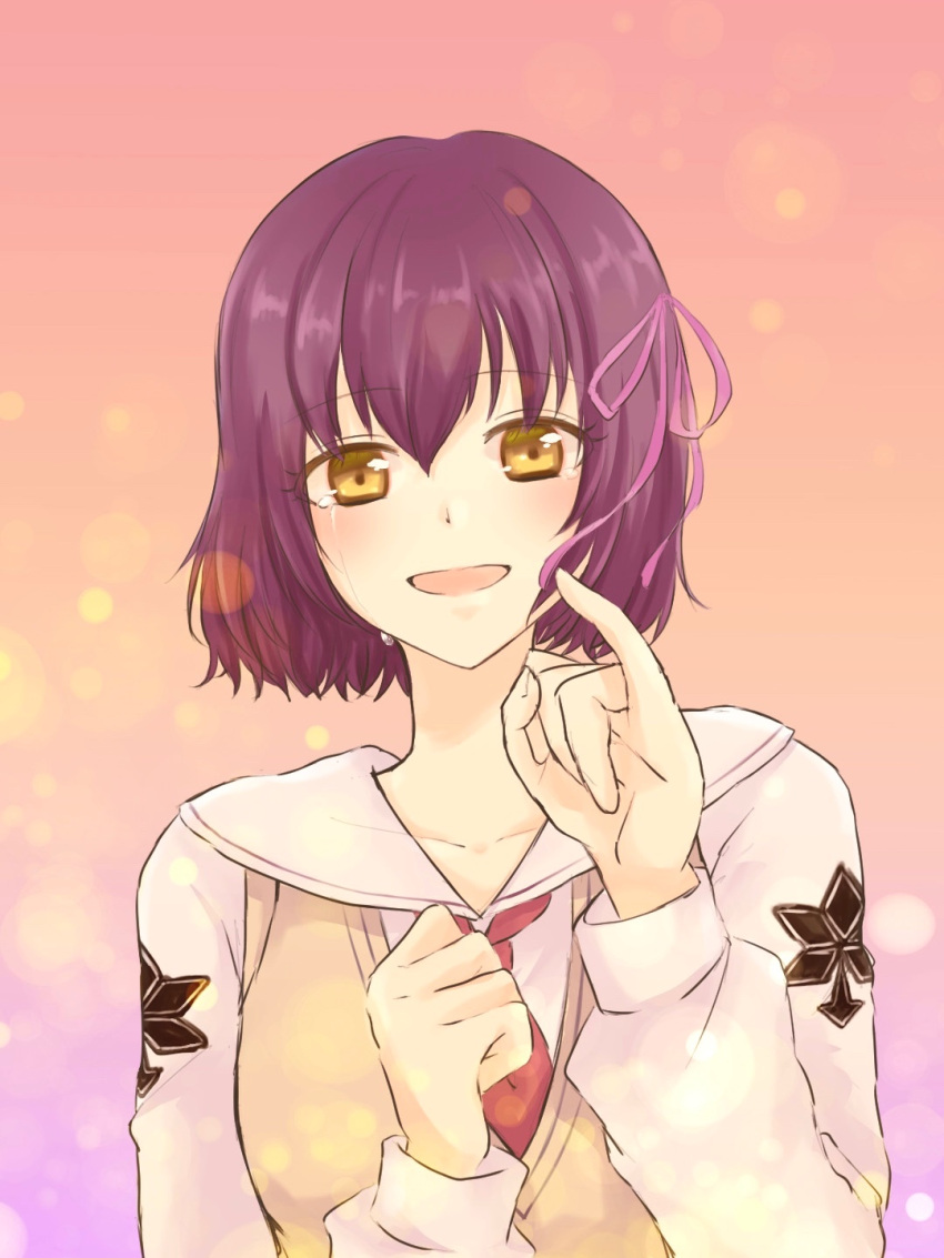 1girl, commentary_request, crying, hair_ribbon, highres, kurashiki_shiori, looking_at_viewer, open_mouth