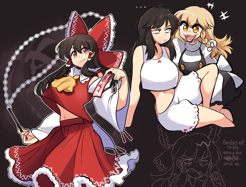 2girls, alternate_costume, bags_under_eyes, black_hair, blonde_hair, bloomers, bow, braid
