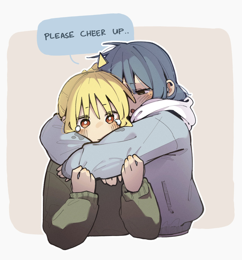 2girls, absurdres, ahoge, blonde_hair, blue_coat, blue_hair, bocchi_the_rock!, coat, comforting, crying, crying_with_eyes_open, detached_ahoge, english_text, green_sweater, highres, hood, hooded_coat, hug, ijichi_nijika, long_hair, long_sleeves, machuuu68, medium_hair, mole, mole_under_eye, multiple_girls, open_mouth, red_eyes, simple_background, sweater, tears, upper_body, yamada_ryo, yellow_eyes, yuri
