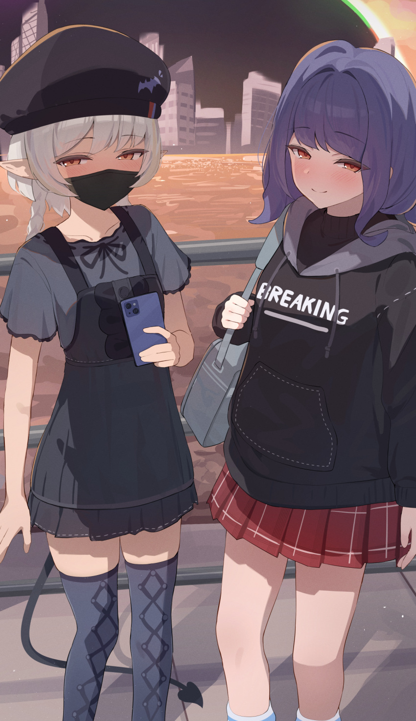 2girls, archie_(zenless_zone_zero), bag, bitseon, black_dress, black_hoodie, black_shirt, black_skirt