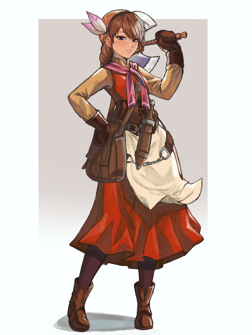1girl, absurdres, axe, battle_axe, belt, blue_eyes, boots, border