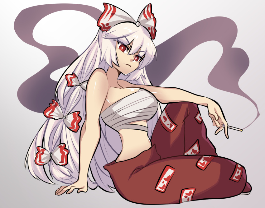 1girl, arm_support, bow, breasts, budget_sarashi, chest_sarashi, cigarette, fujiwara_no_mokou, gradient_background, hair_bow, highres, holding, holding_cigarette, large_breasts, long_hair, missandydandy, multiple_hair_bows, ofuda, ofuda_on_clothes, pants, red_eyes, red_pants, sarashi, simple_background, sitting, smoke, solo, touhou, very_long_hair, white_bow, white_hair