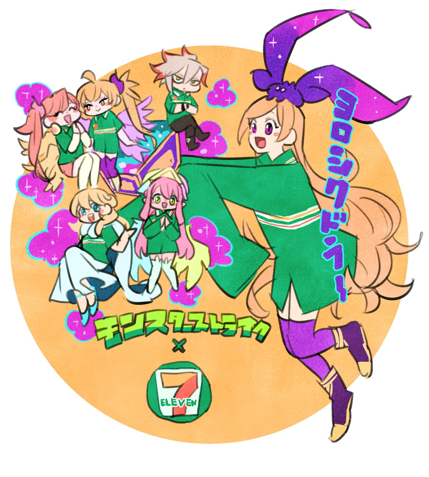 1boy, 5girls, 7-eleven, ahoge, blonde_hair, blush_stickers, circle, commentary_request