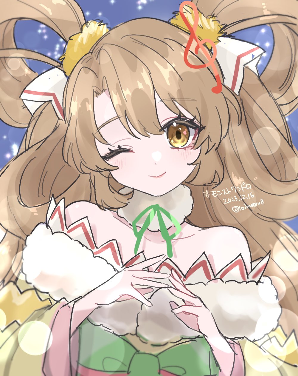 1girl, ;), bare_shoulders, benzaiten_(monster_strike), blue_background, choker, closed_mouth, commentary_request, green_sash, highres, light_brown_hair, loimeerx0, long_hair, monster_strike, musical_note, obi, one_eye_closed, sash, signature, smile, twintails, twitter_username, yellow_eyes