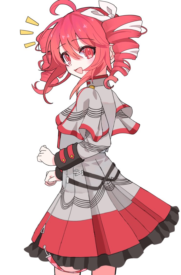 1girl, ahoge, belt, black_sleeve_cuffs, bow, double-parted_bangs, drill_hair, flat_chest
